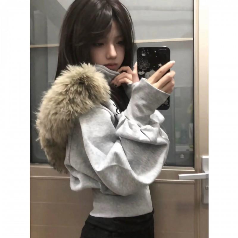 Womens Hooded Short Waisted Sweatshirt Jacket Detachable Fur Trim Streetwear