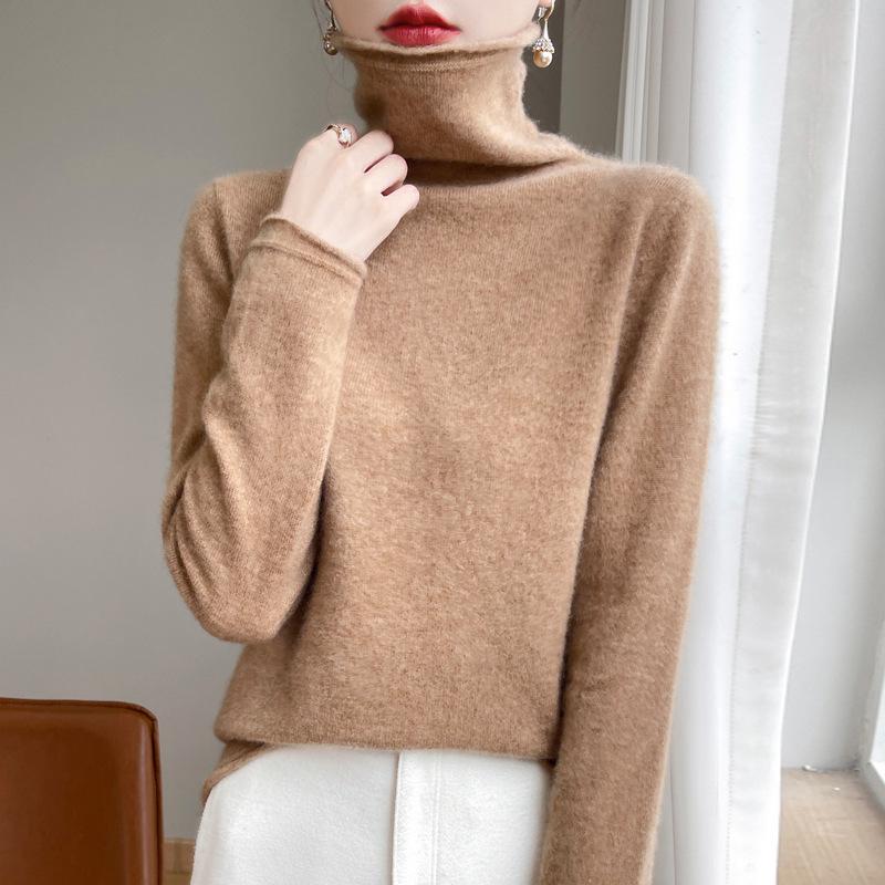 Women's 100% Wool Rolled Edge Turtleneck Sweater - Loose Fit Pullover Knit Base Layer