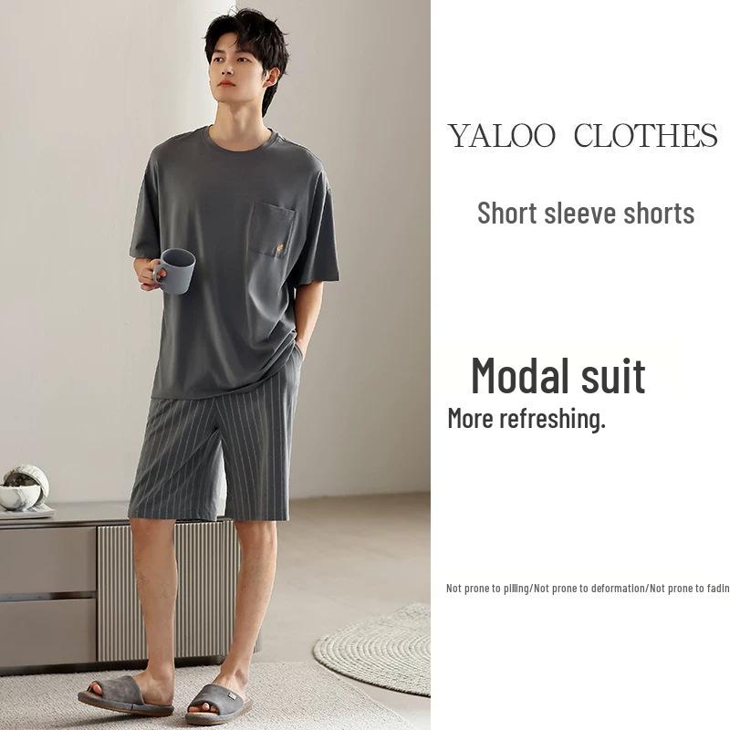 Men s Cooling Modal Pajama Set: Summer Thin Style, 2026 Short Sleeve Top and Shorts. Double Extra Large (2XL)