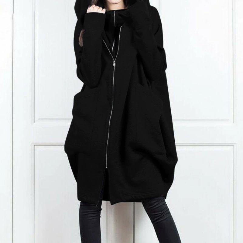 Hooded Pocket Hoodie Zipper Mid Length Fake Two Piece Loose Jacket for Women