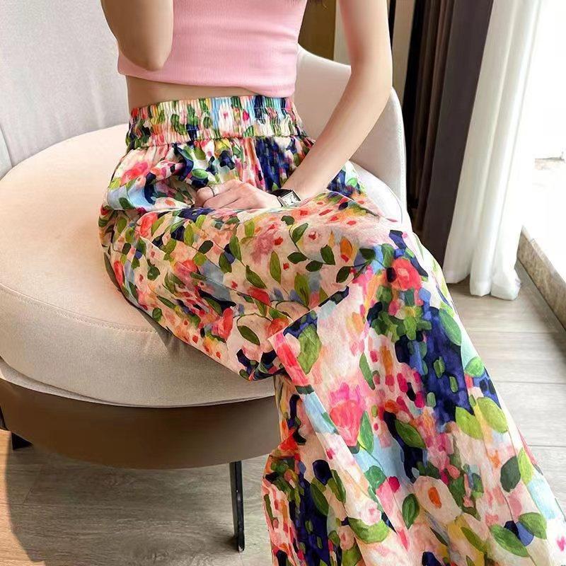 

Summer Women s Beach Pants Loose Wide-Leg Pant Female Seaside Leisure High Waist Cropped Pant Straight Floral Trousers 4XL рожевий