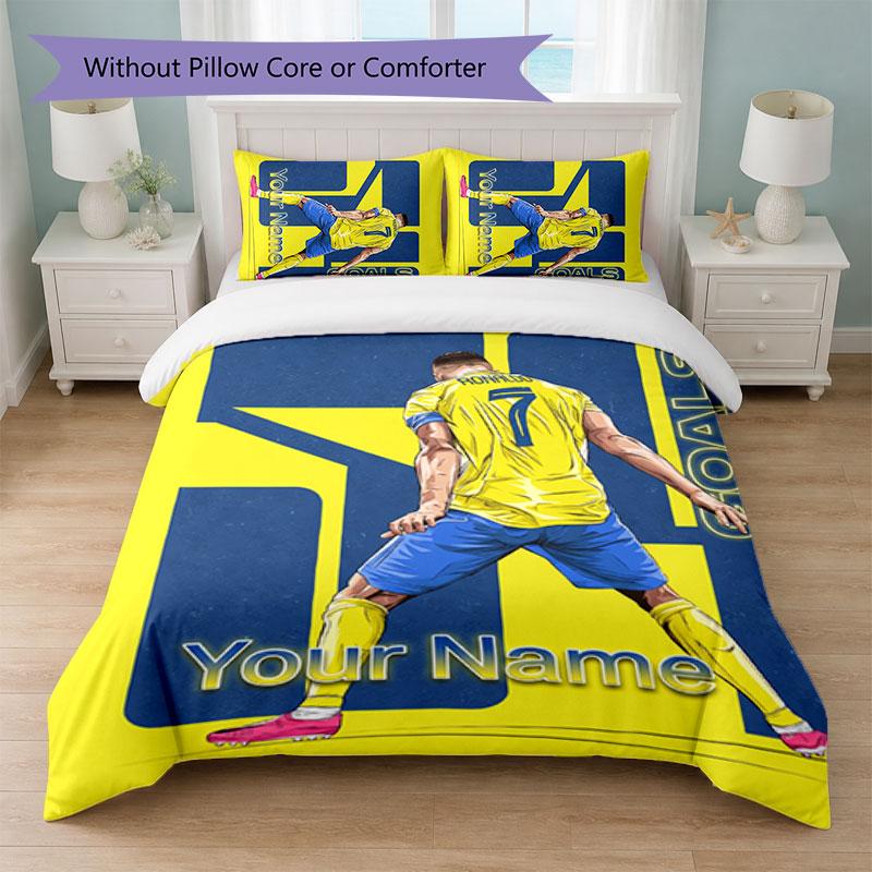 Set Biancheria da Letto Personalizzato Cristiano Ronaldo con Nome Testo 1 Copripiumino+2 Federe Logo Calcio Regalo Personalizzato per Occasione Speciale Arredamento Camera da Letto