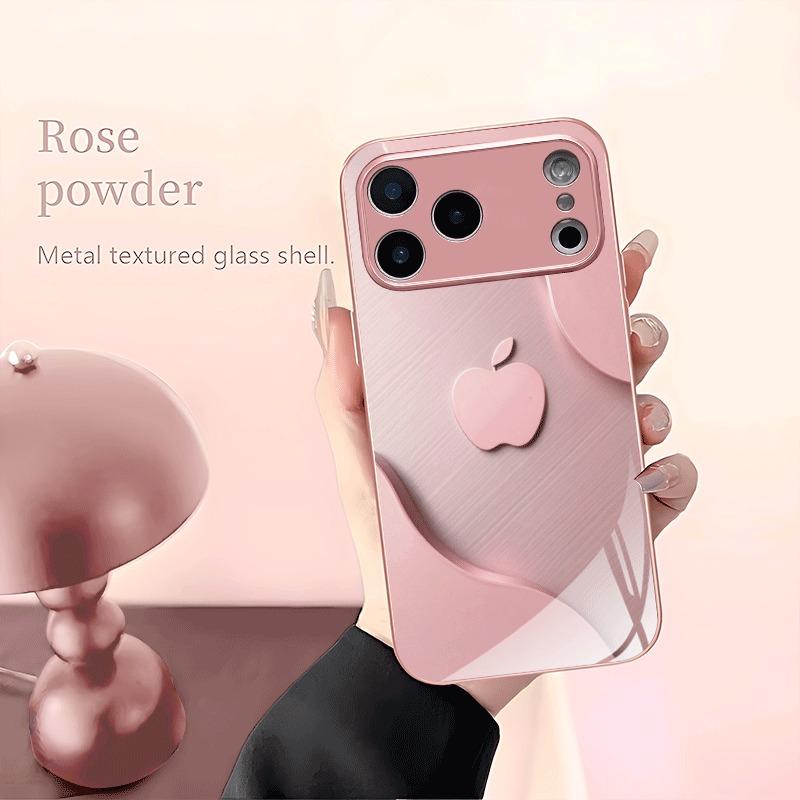 Funda de Cristal Metálico Rosa Claro de Lujo con Patrón de Manzana para iPhone 17 16 15 14 13 12 11 Pro Max Plus 17Air 16E
