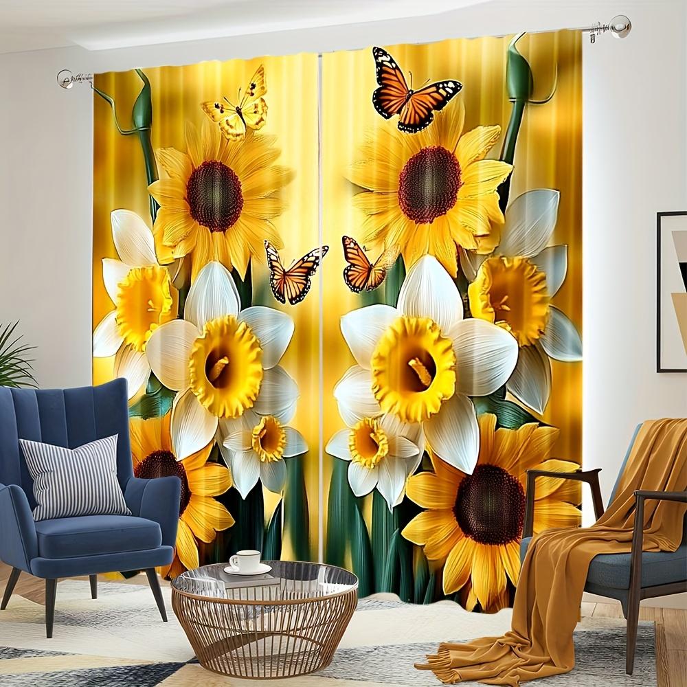 Sunflower Butterfly Print Curtains Polyester Pocket Rod Top Bedroom Living Room Office All Season Home Decor Curtain Ideal For Sitting