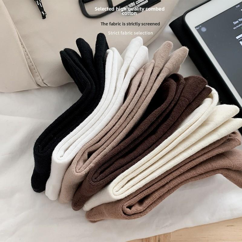 5 Paar Socken Milchtee-Farbe Frühling und Herbst Stapelsocken Damenmode Mittelwaden-Socken Spaghetti-Socken Damen Baumwolle Einfarbig