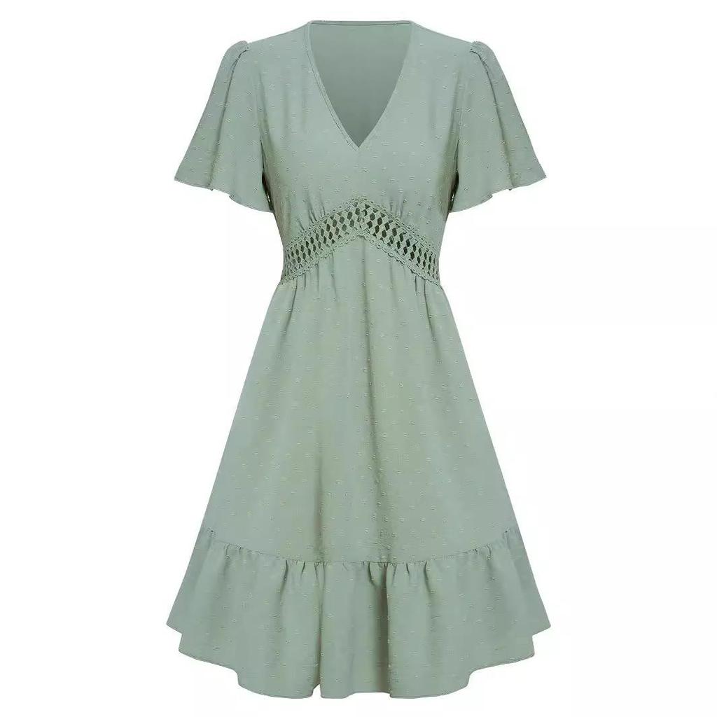 2023 Casual Spring/Summer Women's V-neck Ruffle Sleeve Dress - Solid Color