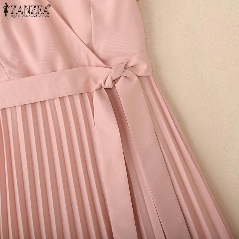 ZANZEA Women Casual V-Neck Summer Short Sleeve Pleated Dres
