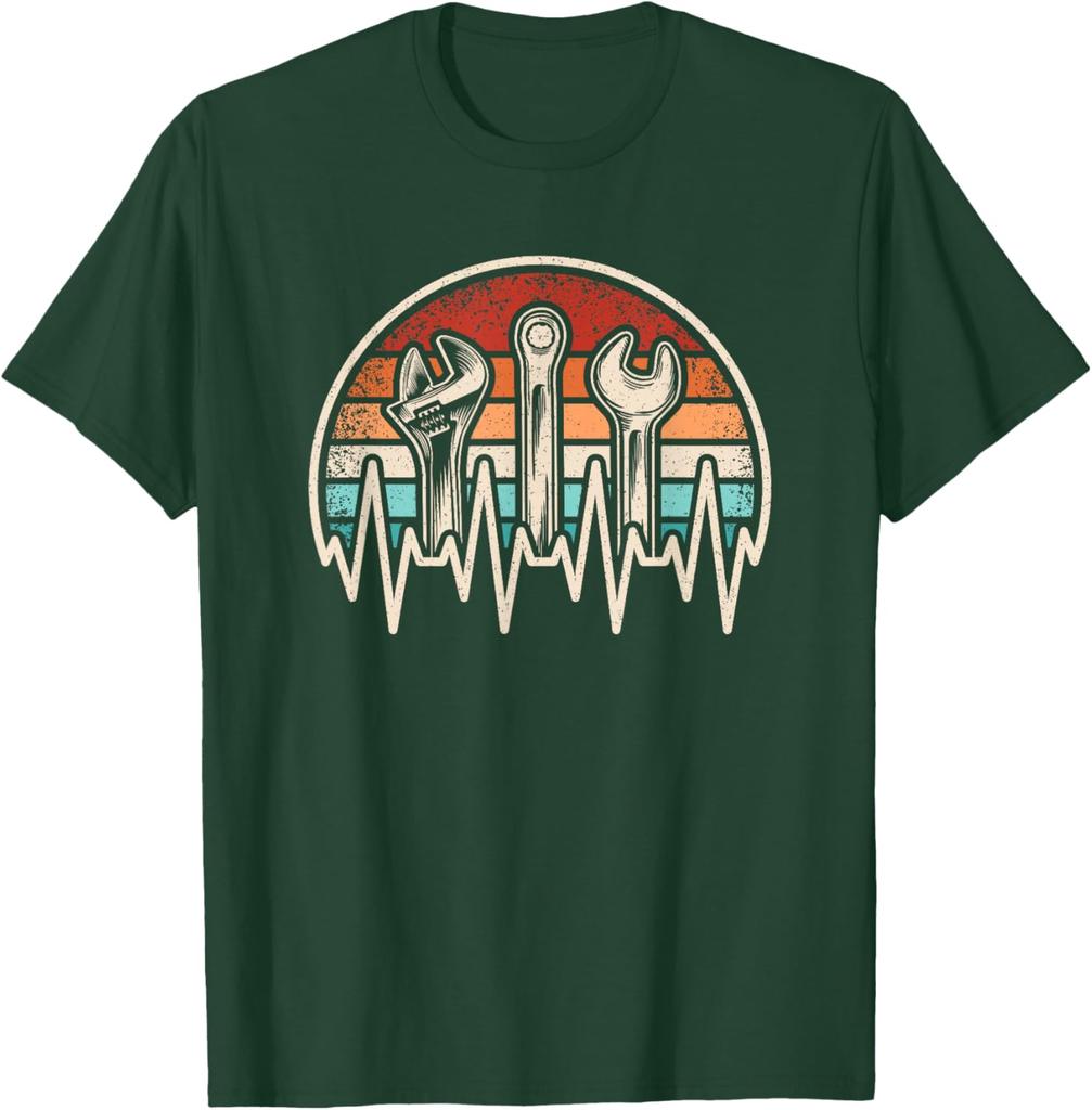 Mechanic Heartbeat Wrench Spanner Retro Sunset Graphic Tee Vintage Auto Repair Short Sleeve T-Shirt