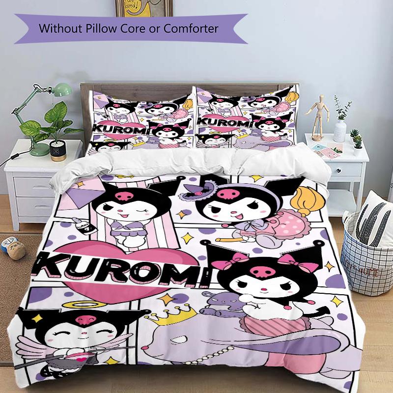 3pcs Sanrio Kuromi Design Quilt Cover Set - Soft & Comfortable Polyester Fabric, All-Season Breathable Comforter Set For 1 Quilt Cover & 2 Pillow