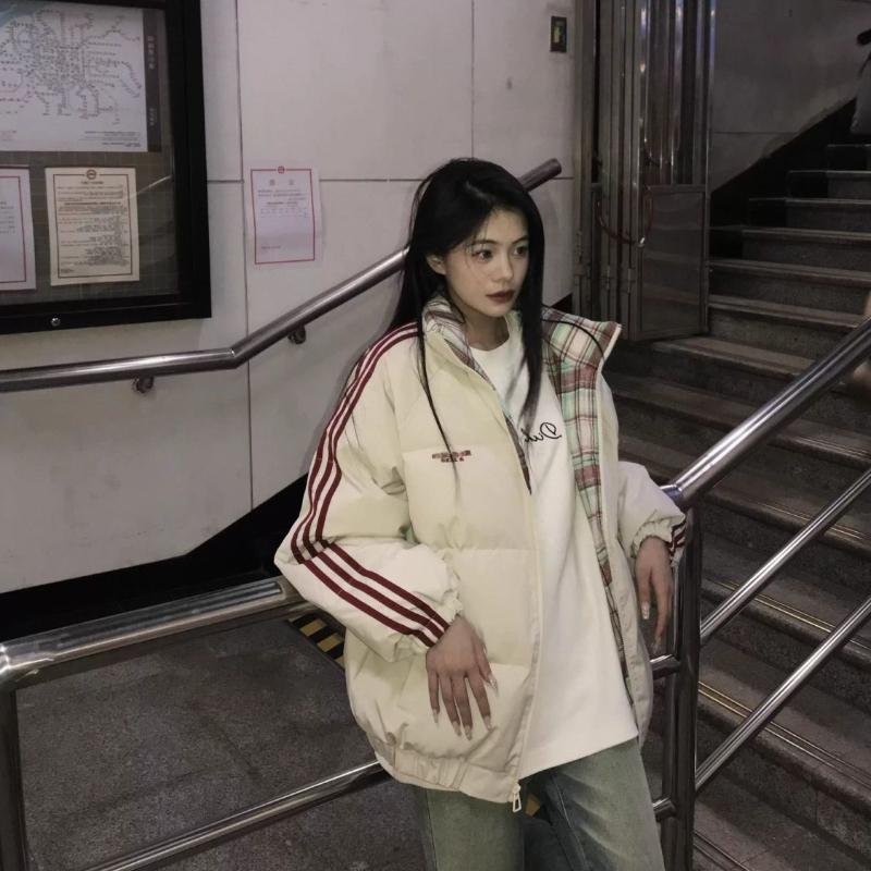 Patchwork Stripe Winter Cotton Coat Women Loose Thick Padded Jacket Casual Outwear