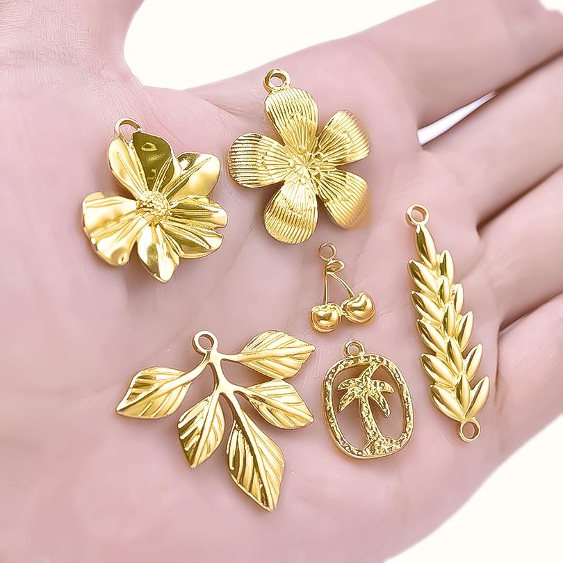 6pcs Gold Color Stainless Steel Charms For Jewelry Making Supplies Plant Leaf Flower Pendant Charm Cherry Pepper Sunflower Charm