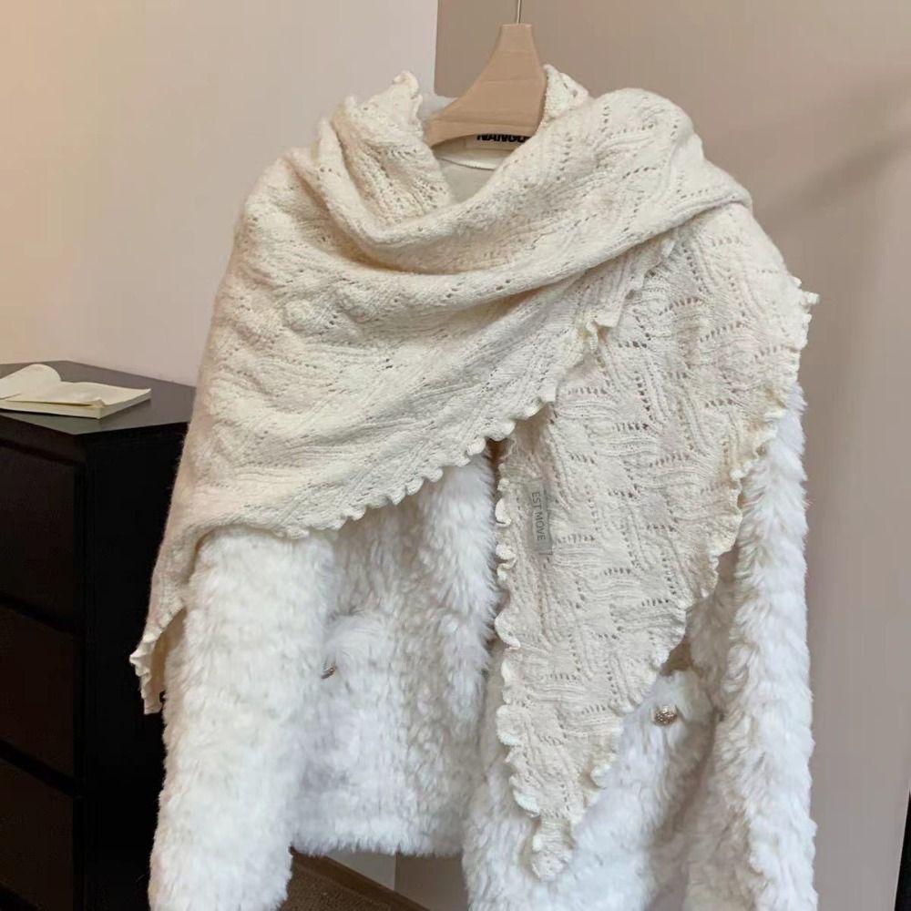 Thickened Widen Shawl Wrap Ruffled Edge Winter Scarf Knitting Triangle Scarf Casual Outfit