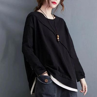 Blusas Oversized Femininas Manga Longa Gola Redonda Tops Largos Blusa Confortável de Algodão Elástico Cor Sólida Outono Inverno