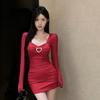 Short Sheer Mesh Bodycon Long Sleeve Dress Women High Waist Square Neck Party Club Outfit Black Red
