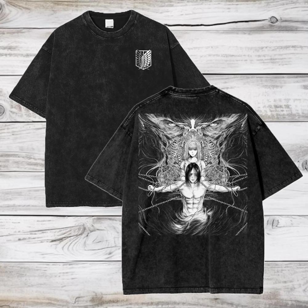 Атака Титанов Эрен и Имир Титан Основатель Винтажная Стирка Оверсайз Футболка | Унисекс Аниме Уличная Одежда Футболка L