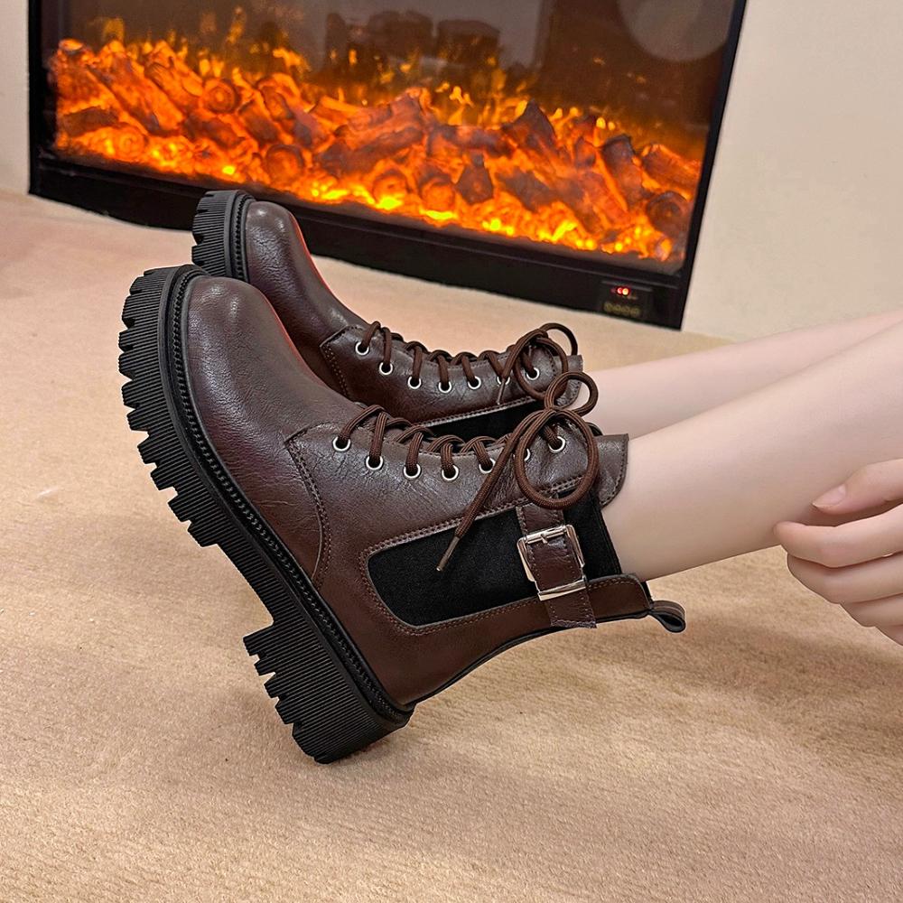 Schwarze Übergrößen Schuhe für Damen 35-42 Herbst Winter Schnür-Plateau Quadratische Absätze Bequeme Runde Zehenpartie Damen Stiefeletten