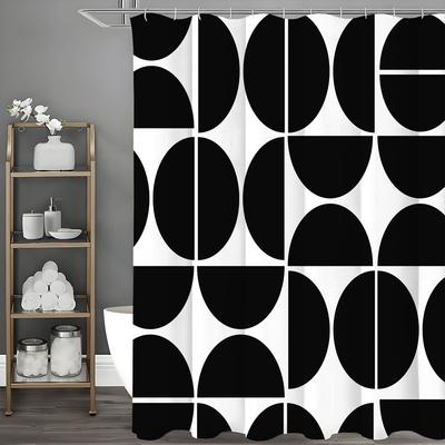 Cortina de Ducha con Patrón Creativo de Semicírculo Geométrico Negro, Cortina de Ducha Decorativa para Baño, Cortina de Ducha Impermeable con