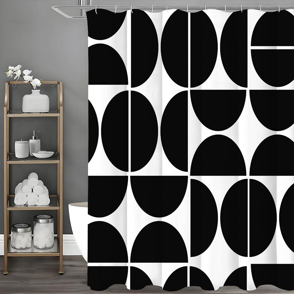 Black Geometric Half Circle Creative Pattern Shower Curtain, Bathroom Decorative Shower Curtain, Waterproof Shower Curtain with