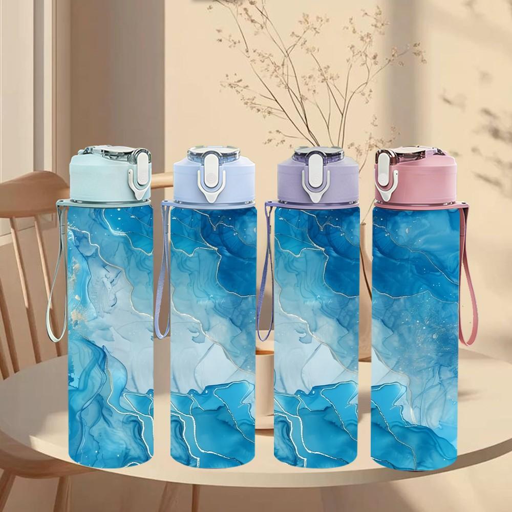1PC Light Cyan Alcohol Ink Pattern 750ml Color Plastic Sports Water Bottle Leakproof Flip Straw Lid Suitable for Sports Office Home Use