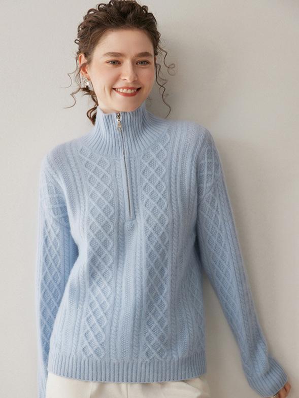 2025 Autumn/Winter Blue Slimming Cable Knit Cashmere Sweater with Lapel and Half-Zip