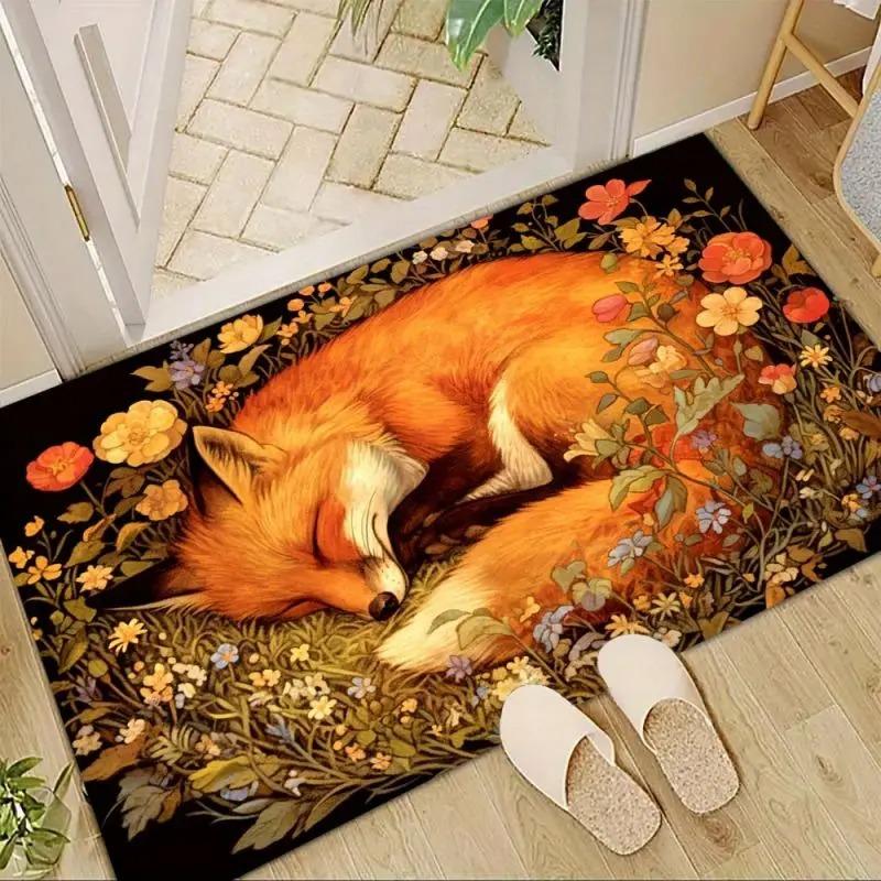 Fox Print Area Rugs Non-Slip Flannel Carpets for Home Living Room Kitchen Bedroom Rug Machine Washable Floor Mat INS