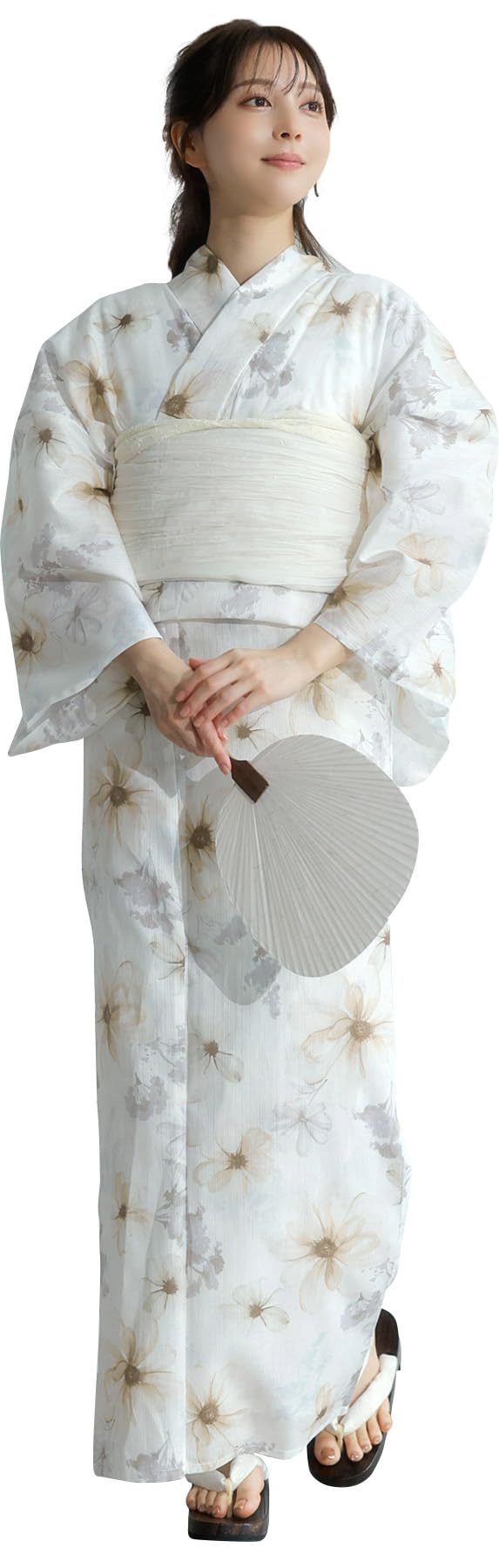 

(Dita) Women s Yukata 5-Piece Set: White, Beige, Floral Watercolor Pattern, Delicate, Natural, Girly, Easy to Wear by One Person (Hannari Shirohana