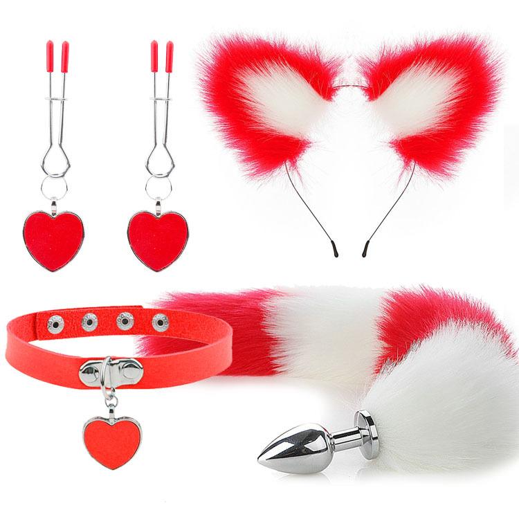Anal Sex Toys Fox Tail Butt Plug Sexy Plush Cat Ear Headband With Bells Necklace Set Massage Sex Toys For Women Couples Cosplay