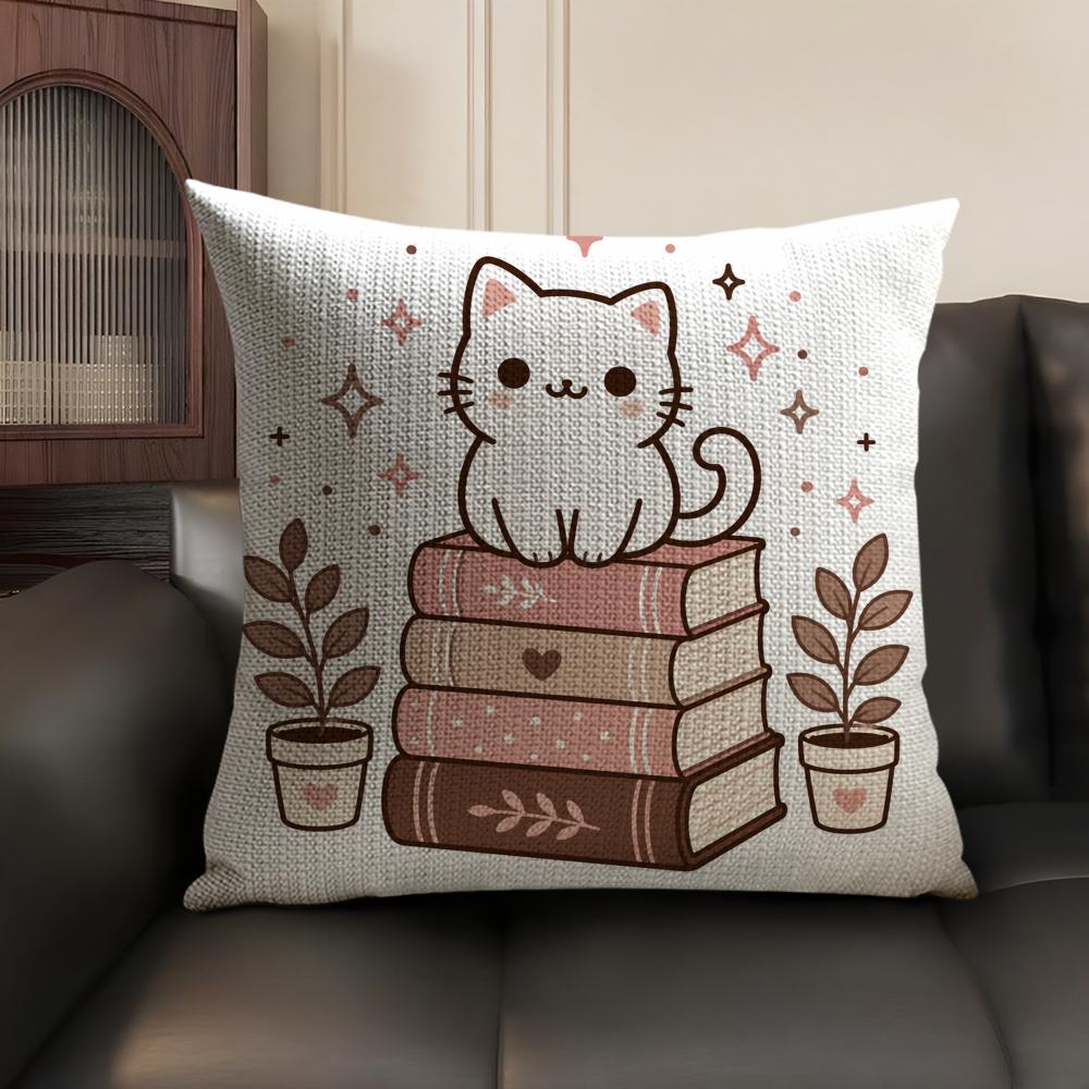 The Cat On the Book Cushion Cover Breathable Linen Organic Fabric DoubleSided Printing Sofa Pillow Case Home Decor
