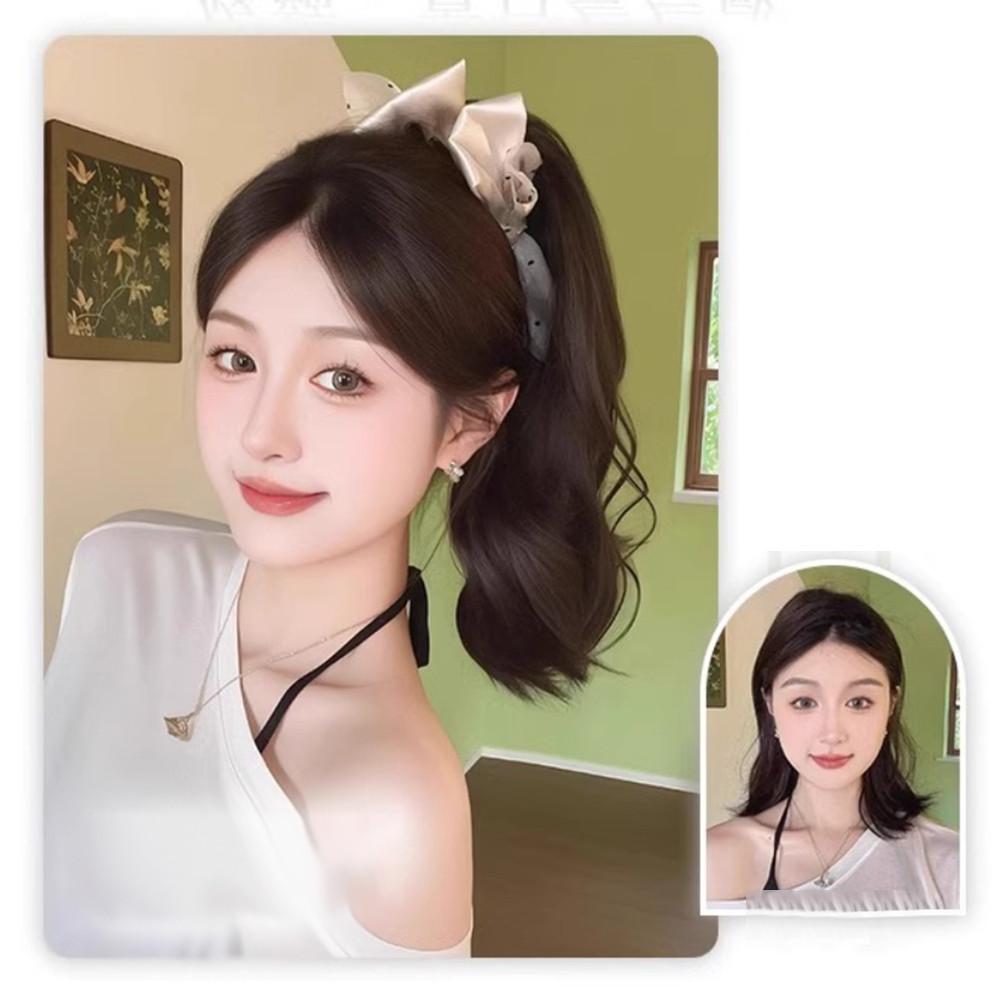 Synthetic Women's Simulation Wavy Curl Playful Braided Bow Clip-on Ponytail Wig Hair Extensions 35CM