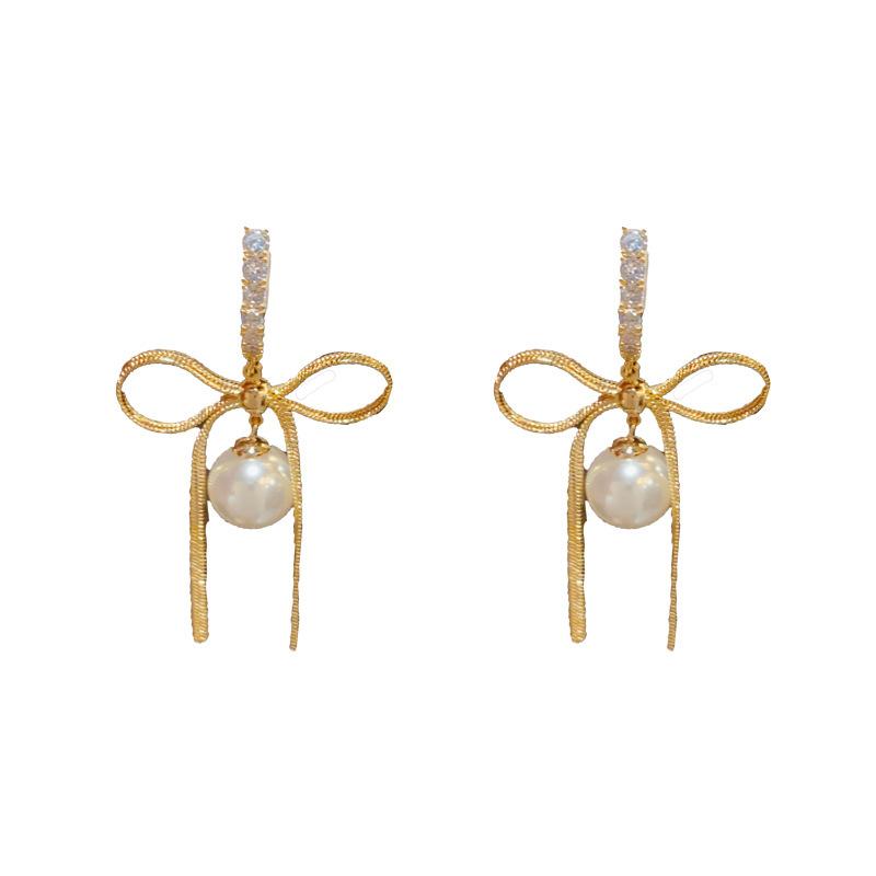 French Style Elegant Pearl Bowknot Long Dangle Earrings Fashion Jewelry For Women