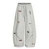 Unisex Retro Embroidered Puppy Wide Leg Pants - Lazy Style, Straight Leg, Crooked Knife Design for Spring and Autumn