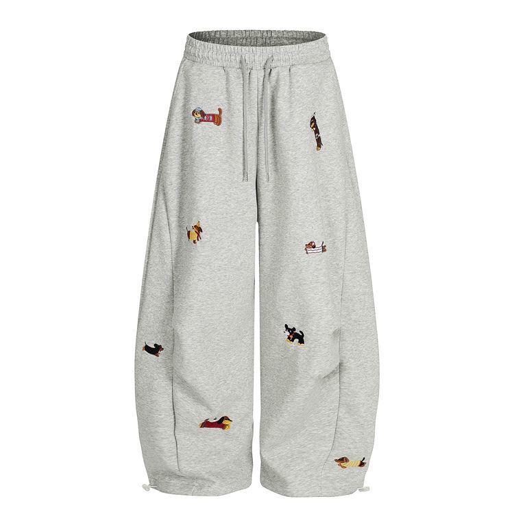 Unisex Retro Embroidered Puppy Wide Leg Pants - Lazy Style, Straight Leg, Crooked Knife Design for Spring and Autumn