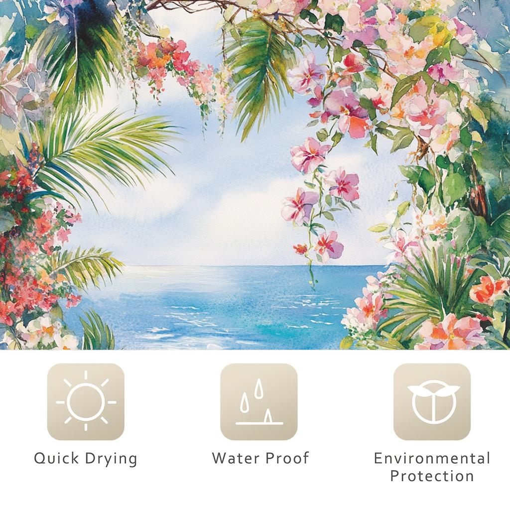 1pc Spring Fantasy Ocean Shower Curtain - Bright Flowers and Tropical Scenes, Polyester, Bathroom Decor, Floral Shower Curtain