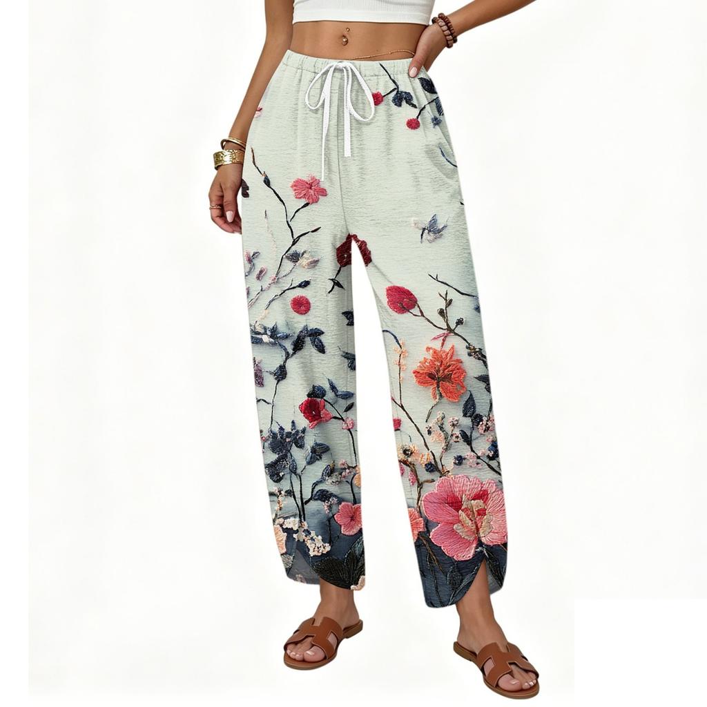 Women’s Casual Loose Straight Leg Wide Leg Pants Drawstring Waistband Printed Trousers Lightweight Relaxed Fit for Daily Wear