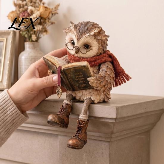 Reading Owl Statue for Home Decor Figurine, Creative with Glasses Scarf Boots And Open Book, Whimsical Reader Gift Teachers Sculpture Book Nook Shelf