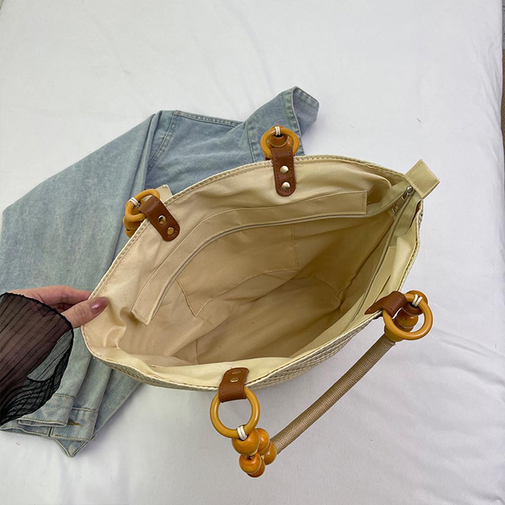 Woven Straw Shoulder Bag Lightweight Large Capacity Beaded Handle Zipper Closure for Beach Vacation Summer Outings Handbag