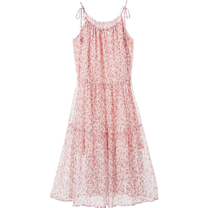Women s Sweet Floral Pink Chiffon Spaghetti Strap Dress M розовый