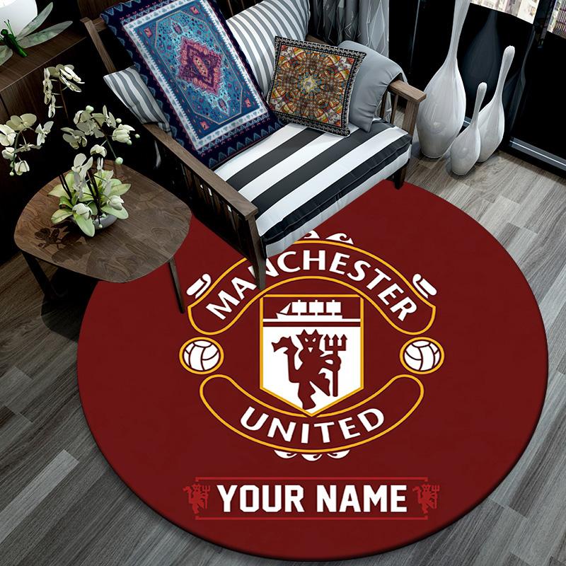 Custom Name Manchester United Round Area Rug,Carpet Rug for Living Room Bedroom Sofa Playroom Decor,Non-slip Floor Mat