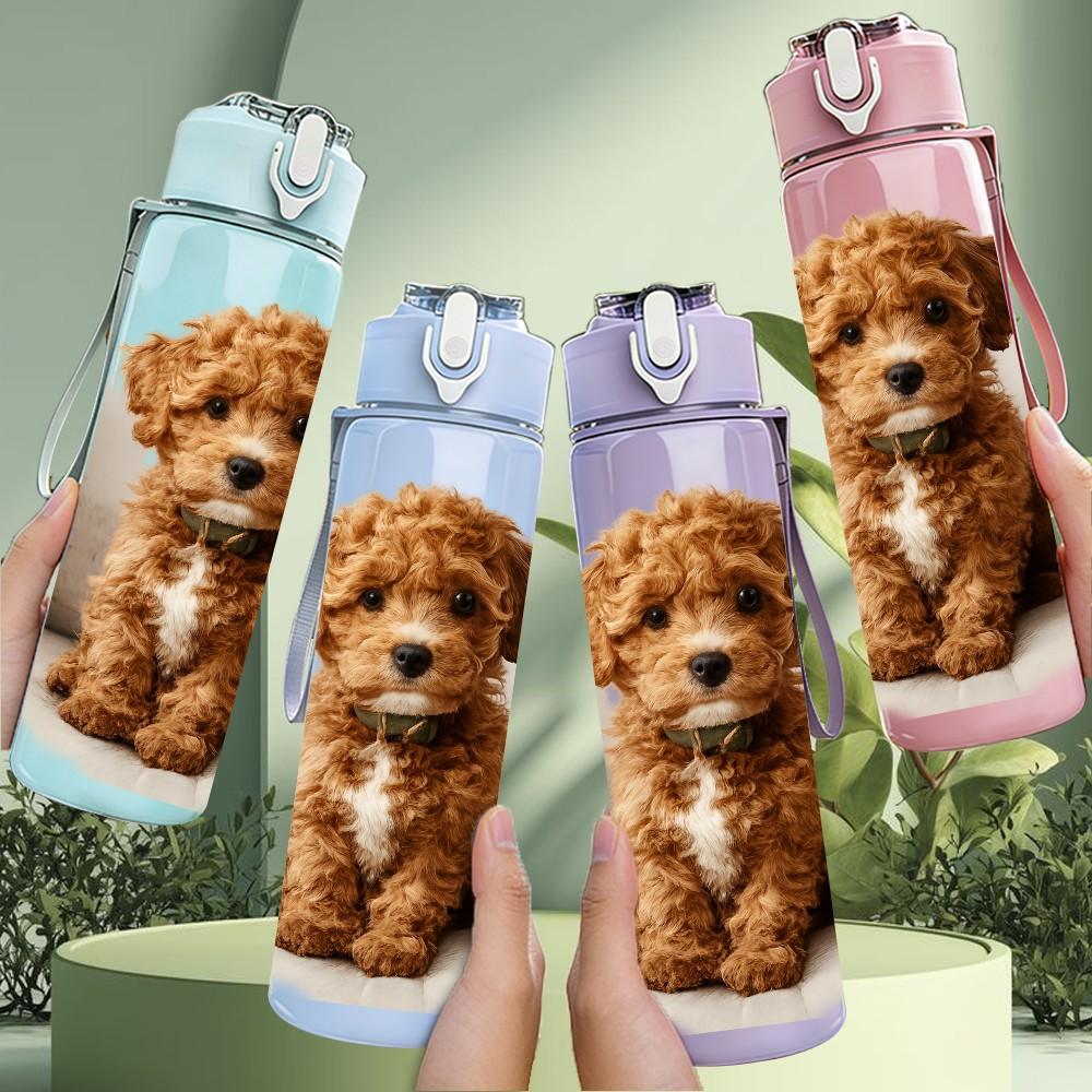 1PC Cute Puppy On Pillow Print 750ml Color Plastic Sports Water Bottle Leakproof Flip Straw Lid Suitable for Sports Office Home Use