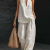 Women's Halter V Neck Sleeveless Loose Fit Solid Two Piece Outfit Tank Top Wide Leg Long Pants Casual Vacation Tracksuit