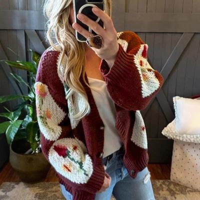 Jachetă pulover tricotată casual de toamnă și iarnă pentru femei, cu jacard floral în culori contrastante, cu nasturi simpli