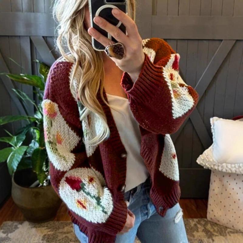 

Contrast Color Floral Jacquard Single-breasted Fall and Winter Women s Casual Knitted Sweater Jacket S