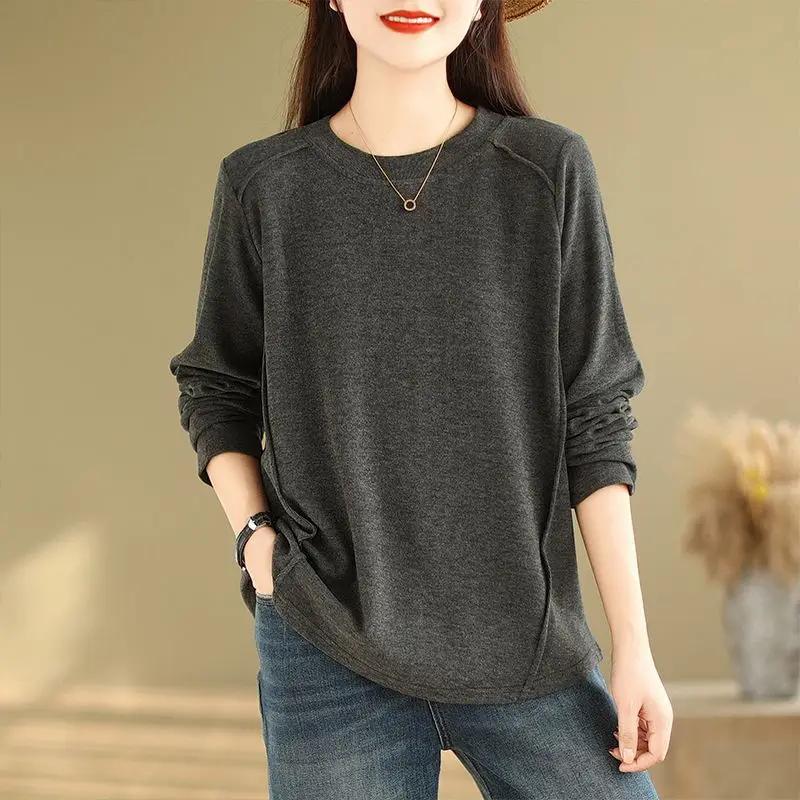 Round Neck with Loose Long-sleeved T-shirt Versatile Simple Top High Elastic Base Shirt for Women's New Autumn and Winter