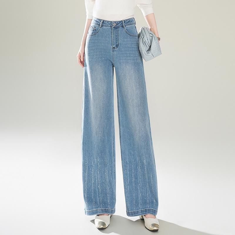 

Women s High-Waisted Loose Straight-Leg Pants with Curved Knife Design - Slimming, Drape, Wide Leg Jeans for Spring and Autumn 2026. S синий