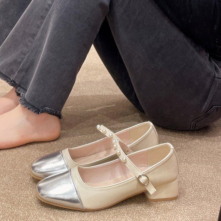 Color Blocking Mary Jane Single Shoes Female Spring and Autumn Hundred with Square Head Shallow Mouth Retro Thick Heel Shoes