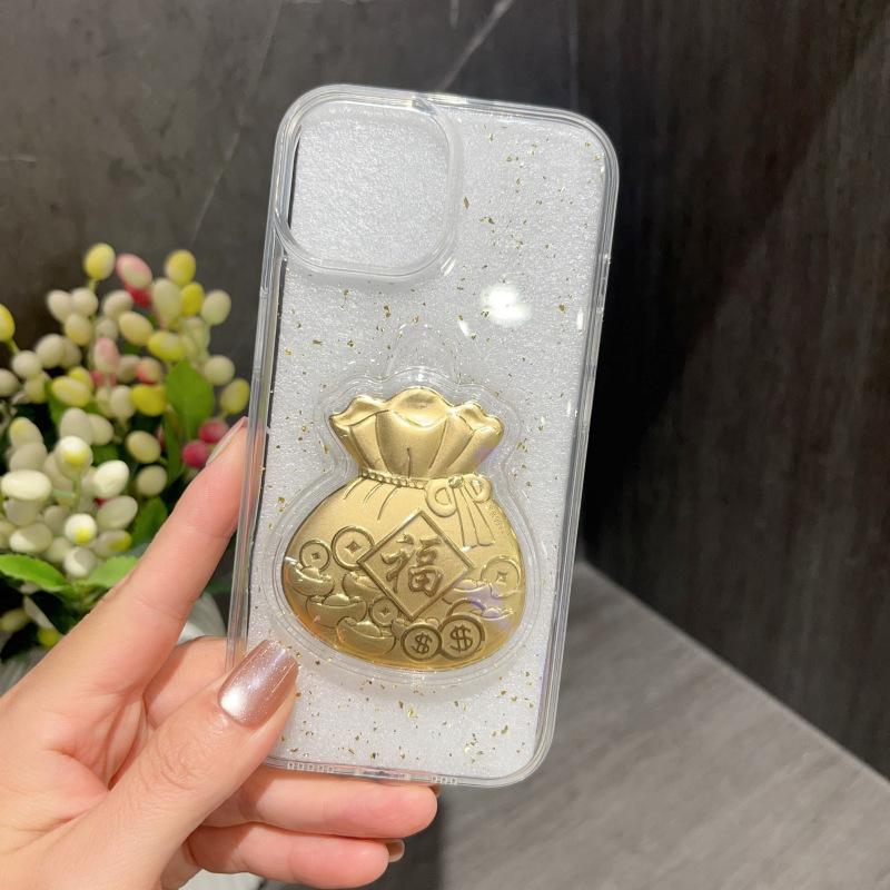 

Glitter Clear Phone Case with 3D Gold Fortune Charms Lucky Protective Cover for iPhone iphone17promax