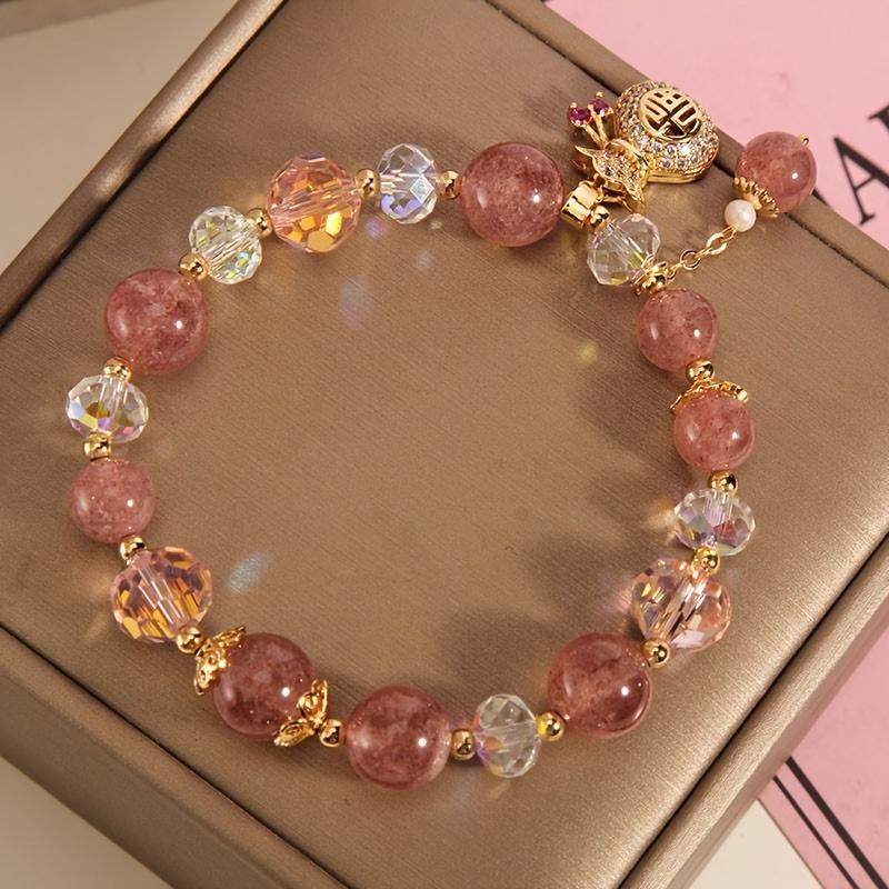 1 lucky bag pink strawberry stone bracelet with heart-shaped pendant and golden beads - shiny embellishments, adjustable elastic strap, playful design