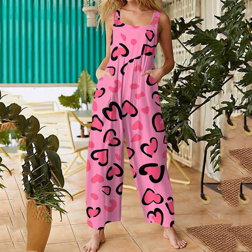Womens Casual Overalls Jumpsuits Adjustable Straps Sleeveless Christmas Print Comfy Rompers With Pocket