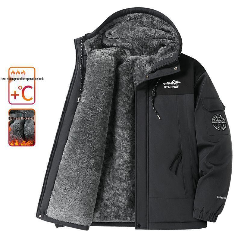 Men's Windproof Fleece-Lined Hooded Jacket: Warm, Thick Cotton Coat for Winter and Outdoor Activities