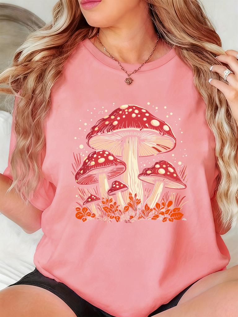 Red Mushroom Personality Prints TShirts Women Summer Short Sleeve Tops ONeck Soft T Shirt Basics Comfortable Womans Clothes